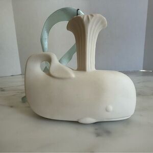 Jonathan Adler White Matte Porcelain Whale Ornament with Blue Ribbon